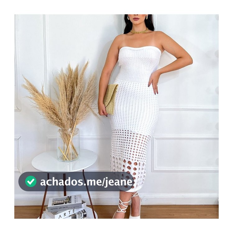 Vestido Midi Branco Tomara Que Caia Tricot Canelado e Crochê Look Festa e Praia