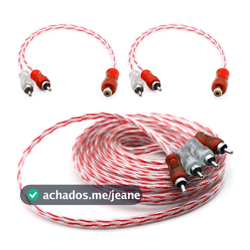Kit 1 Cabo RCA 5 M + 2 Y Dupla Blindagem Injetado Vermelho Som Automotivo 4mm