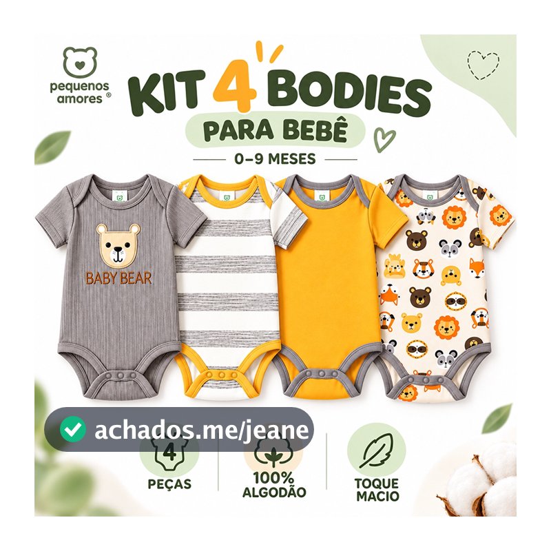 Kit 4 Bodies Bebê Unissex Menino Menina Manga Curta 100% Algodão Estampa Animais 0-9 Meses