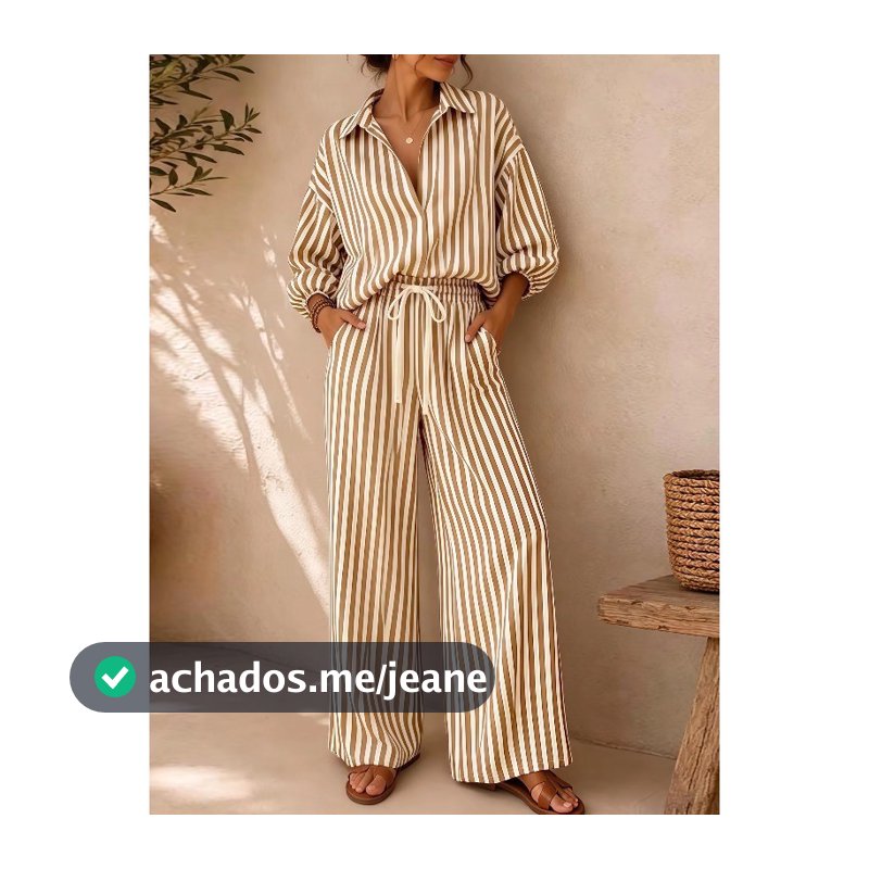 Camisa Listrada Casual Respirável Com Decote Em V Mangas Três Quartos E Conjunto De Calças Retas Cordão 202607A