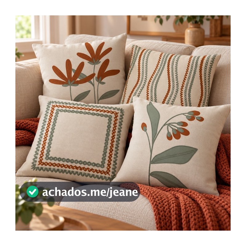 Kit 4 Capas de Almofada Linho Estampada Moderna Folhagens Terracota e cinza 43x43cm decoração