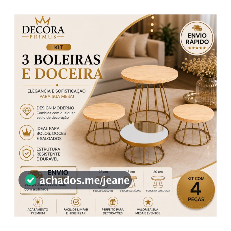 Kit Boleiras para Bolo + Doceira Espelhada Dourada 4 Peças Festa Decoração