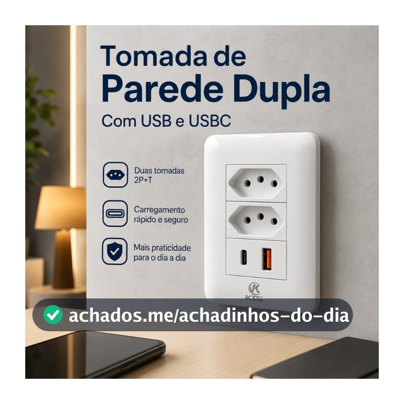 Tomada De Parede Dupla USB E USB-C Carregador Rápido 4 Em 1 Bivolt 110v 220v 10A Branco