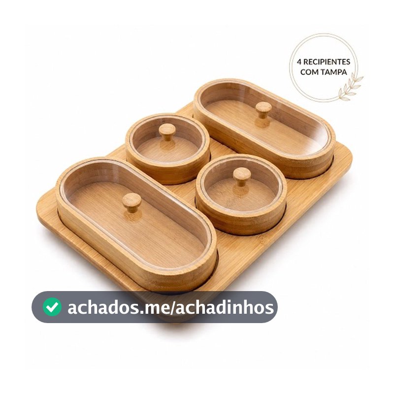Conjunto Petisqueiras de Bambu Potes com Tampa e Bandeja