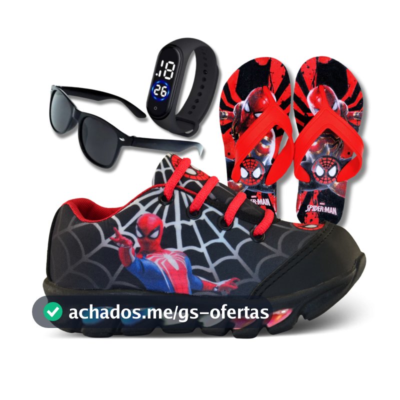 Tênis de LED Infantil Masculino  Aranha Com Chinelo Mais Relógio e óculos presente