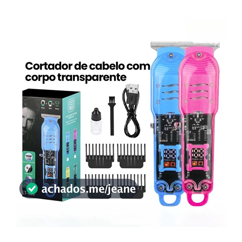 Máquina De Cortar Cabelo  Profissional Elétrico Sem Fio Transparente LED Para Homens