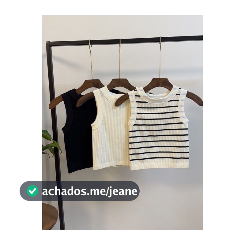 Jemmy moda Blusa básica premium, listra  crame  preto 。Este colete é elegante, simples, versátil e valoriza a silhueta.