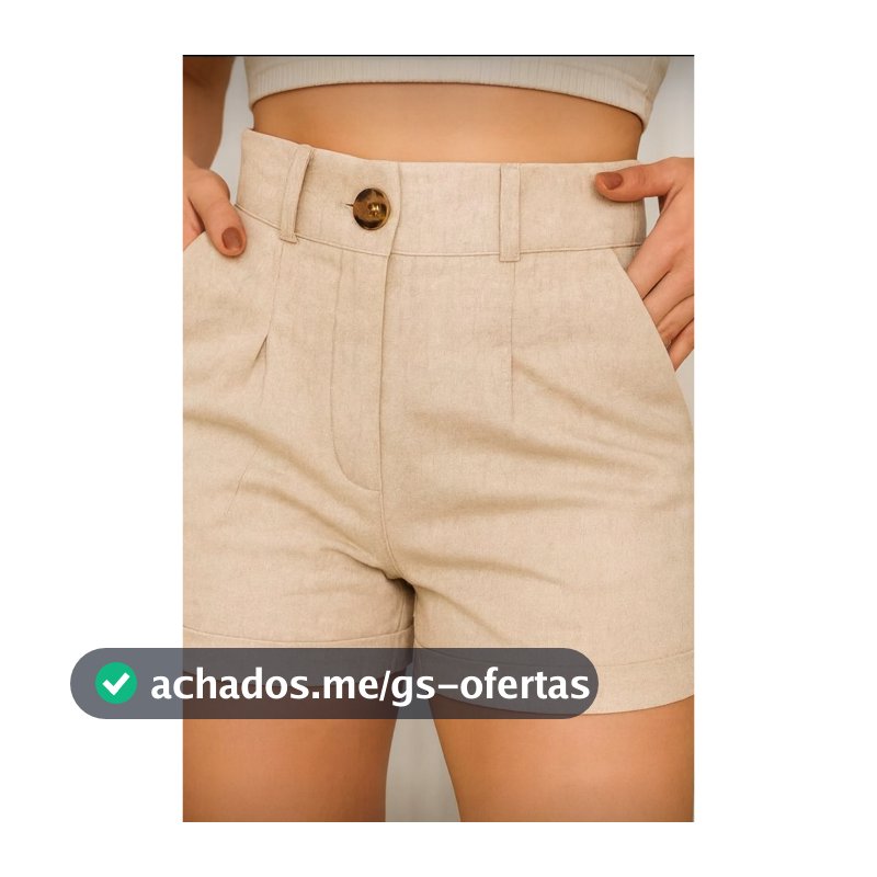 Shorts Feminino de Linho Cintura Alta Bolso Faca Elegante Simples Zíper Botão