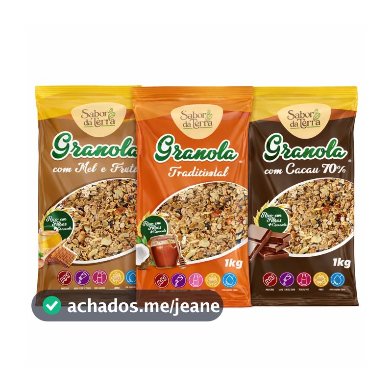 Kit 3 Granolas 1kg Sabor da Terra – Tradicional + Mel e Frutas + Cacau 70% | Saudável e rica em fibras