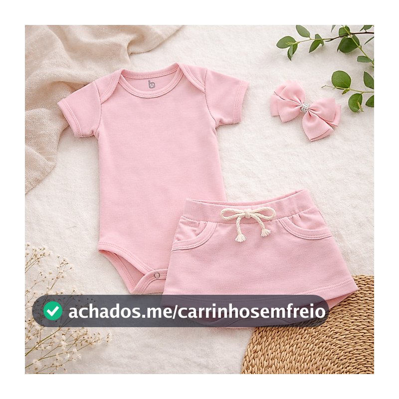 Conjunto de Bebê Menina Básico Dia a Dia Body + Saia + Laço 100% Algodão.