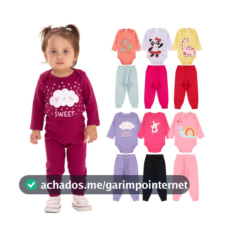 Kit 6 Peças de Roupas para Bebê Menina (3 Body Longo + 3 Calça Mijão) Kit 3 Body Roupa Infantil Bebê