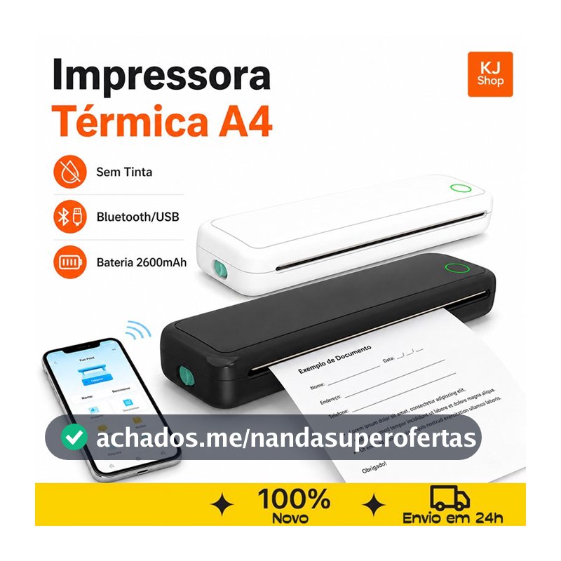 Impressora Portátil A4 Térmica Bluetooth Sem Tinta Recarregável USB Bateria 2600mAh para Celular