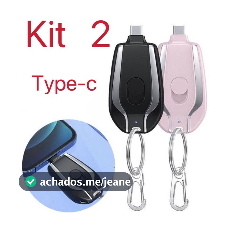 Kit 2 Carregador Porta-chaves Portátil | 1500mAh Ultra Compacto Mini Tipo-c
