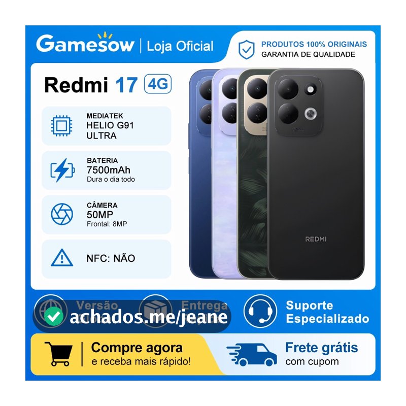 Xiaomi Redmi 17 4G, Versão global,128-256GB e 4-6GB RAM Processador MediaTek Hélio G91 Ultra, Bateria 7500mAh
