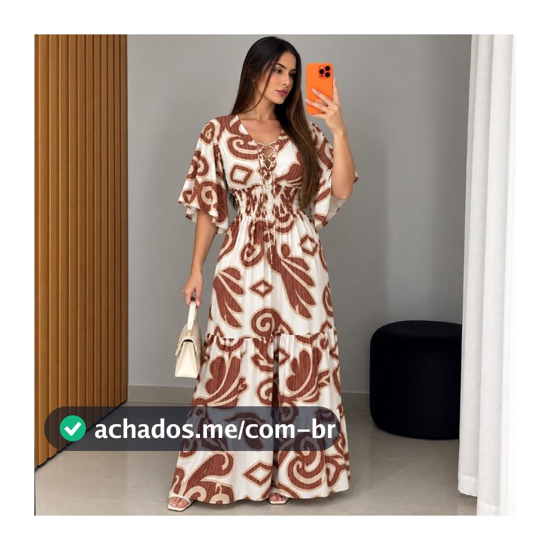 Vestido Longa Feminina Com Manga Morcego Estampado Sem Bojo - Xinnix 8428