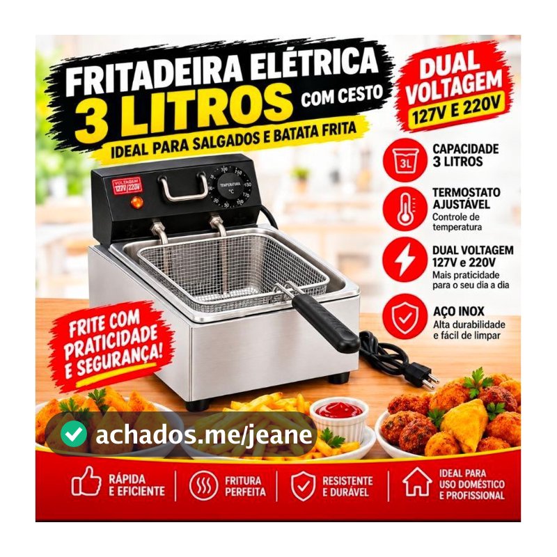 Fritadeira Elétrica de salgados 3 L com Cuba Removível e Fácil Limpeza