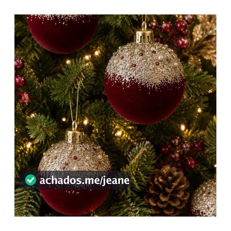 Kit 3 Unidades de Bolas de Natal Veludo Bordô c/ Branco 8CM Decoração