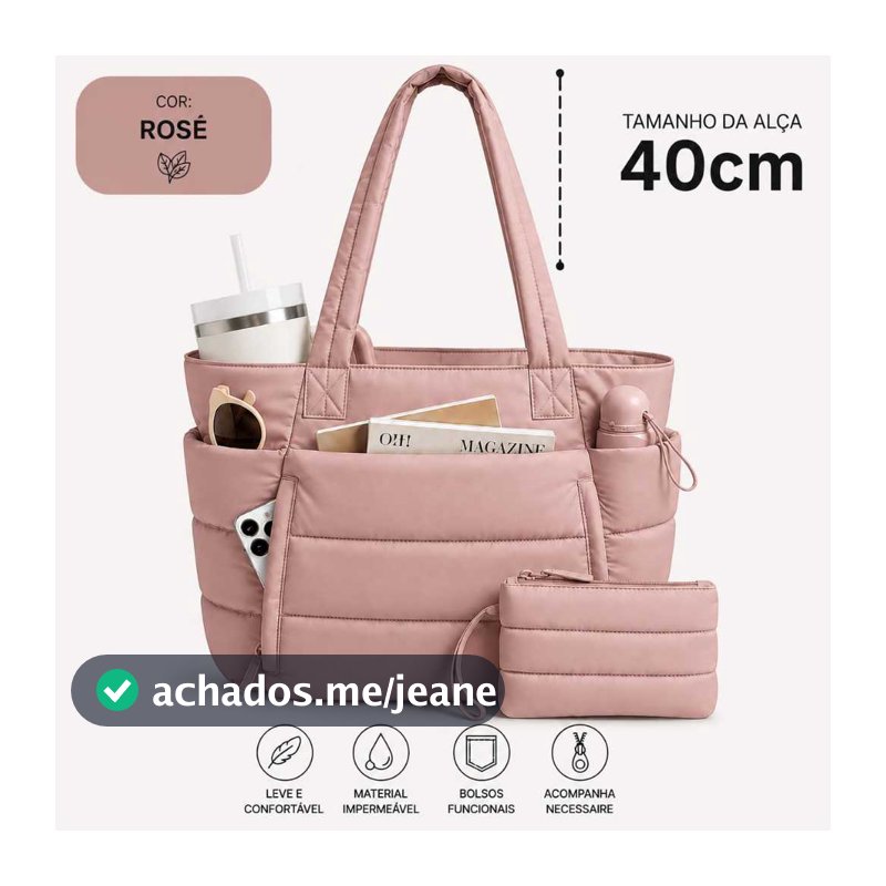 Bolsa Feminina Grande Matelassê Impermeável com Alças Longas + Necessaire