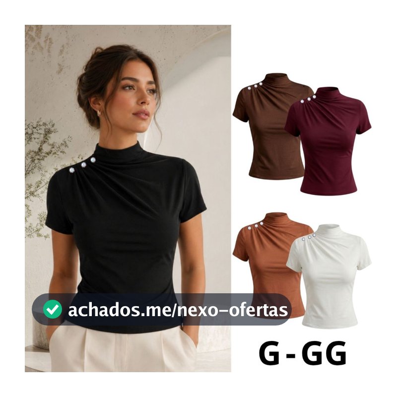 Blusa Feminina Gola Alta com Botões Perolados Blusinha Elegante Social Trabalho