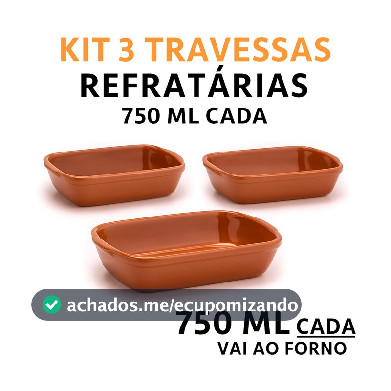 Kit 3 Travessas Refratárias Retangulares 750ml Marrom Porcelana Forno Massas Lasanha Restaurante Sobremesa