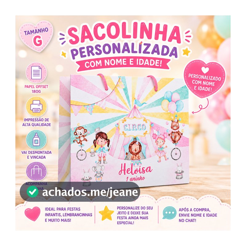 Kit Sacolinhas Personalizadas (G) Festa Circo Aquarela (20x16x6cm)