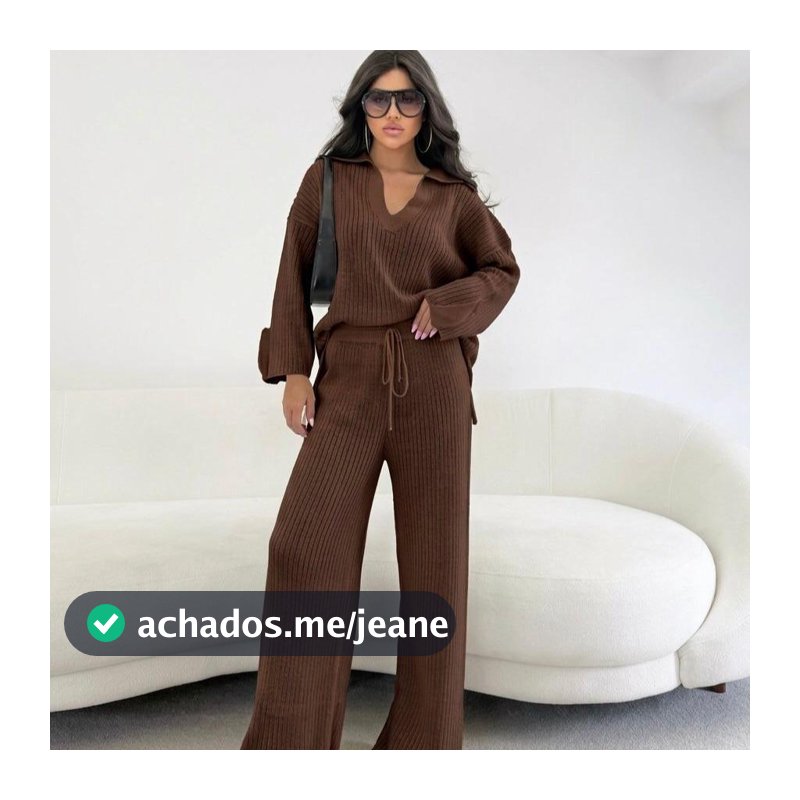 Conjunto Feminino em Tricot Blusa Alongada Oversized Polo e Calça Canelada Cordão Ajustável Aerolook