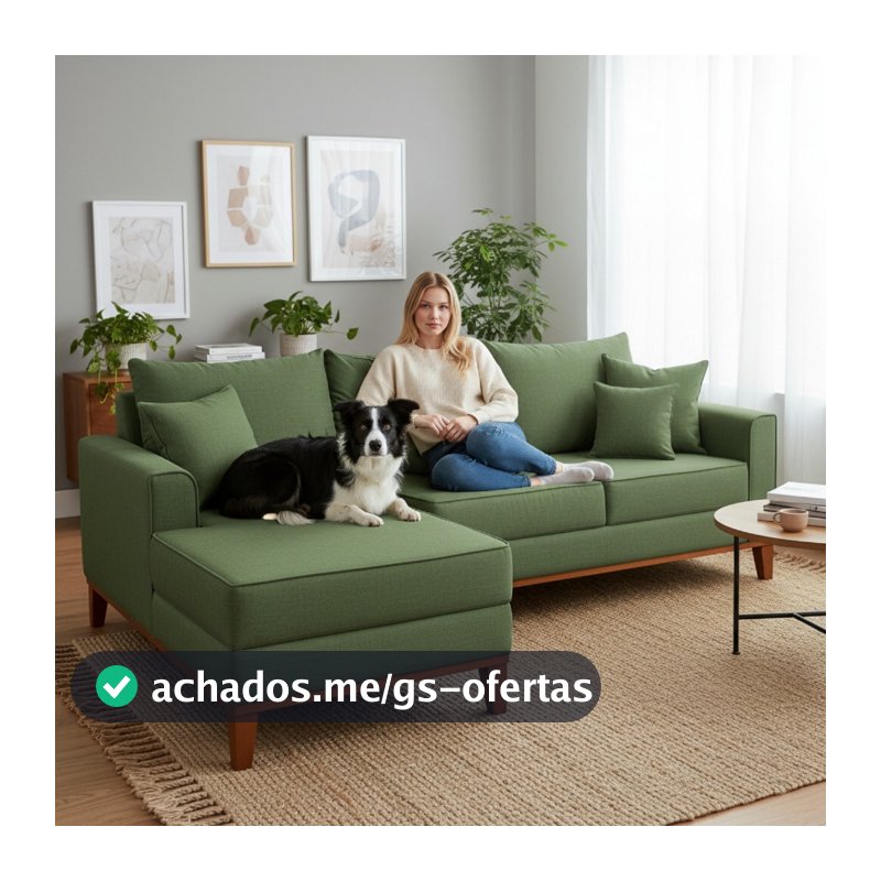 Sofá 3 Lugares Beny com Chaise Esquerdo Linho Verde Oliva