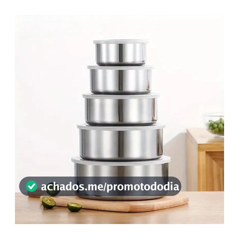 Jogo 5 Potes Tigelas em Inox Alumínio Com Tampa Redondo
