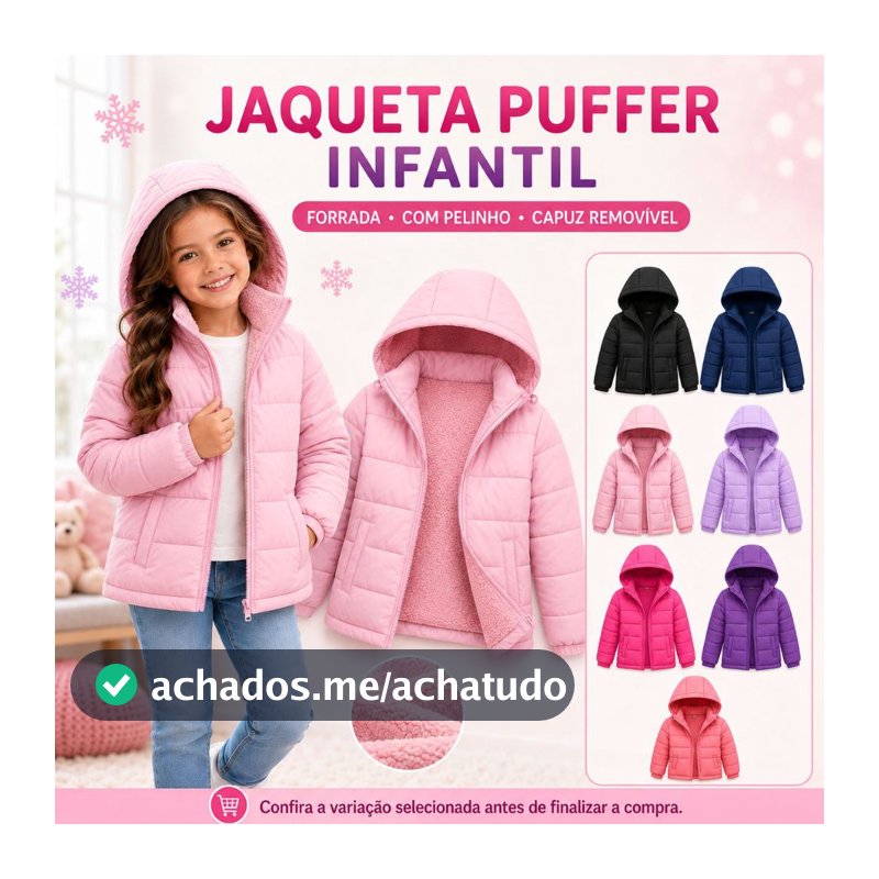 Jaqueta Puffer Infantil Feminina Bobojaco Pelinho Forrada Capuz Removivel Frio Intenso
