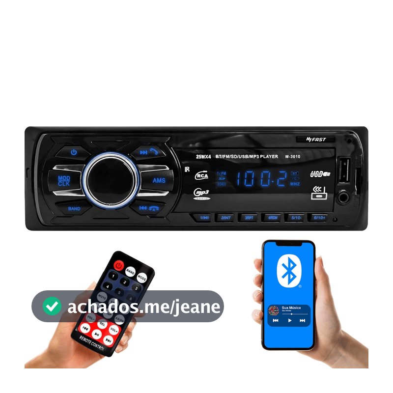 Rádio MP3 Som Automotivo Bluetooth Universal 1 Din LED Azul USB Auxiliar Leitor Cartão SD 3010