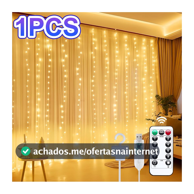 Cortina de Luz LED 3x3m 300 Leds USB Controle Remoto 8 Modos Decoração Natal Festa Quarto
