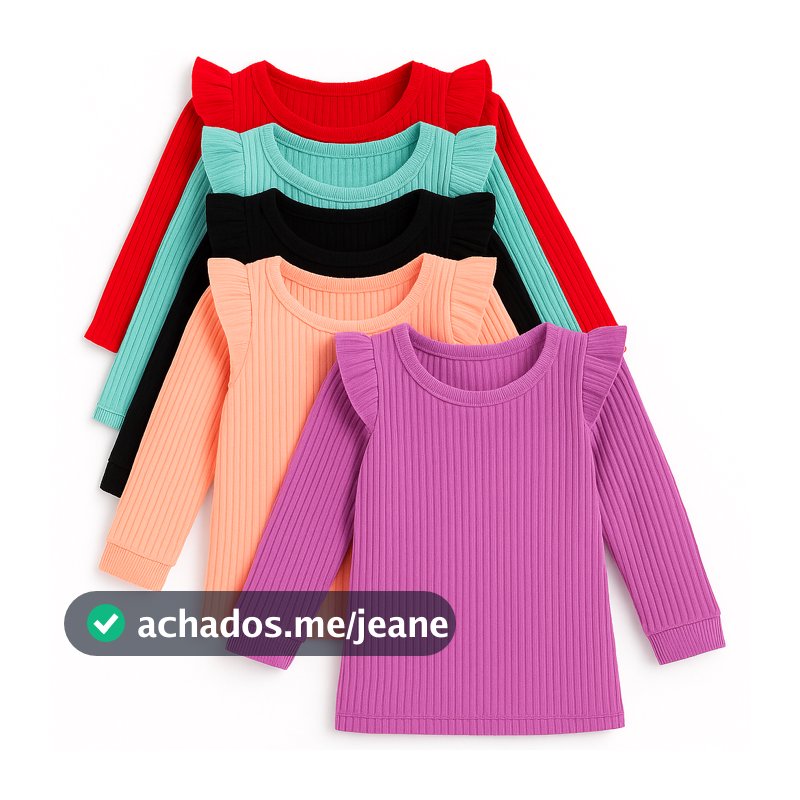 Kit 3 Blusinhas Infantis Femininas Manga Longa Babado no Ombro – Roupa Menina ENVIO CORES SORTIDAS