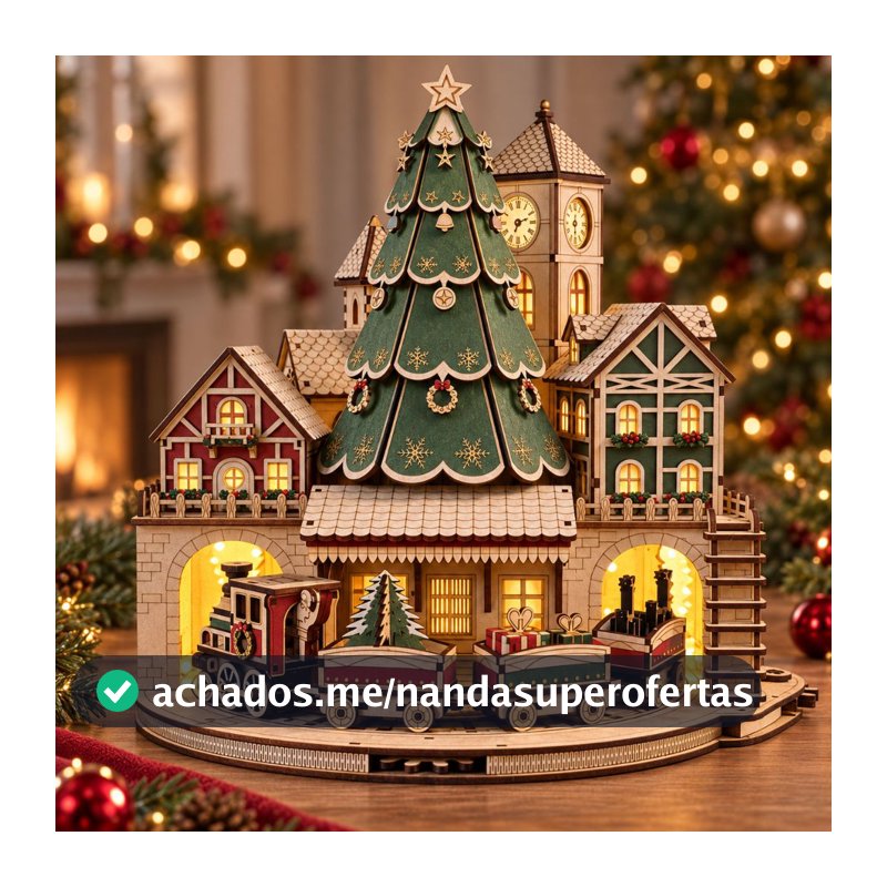 VILA DE NATAL COM ENGRENAGEM QUE RODA O TREM CENÁRIO VILA NATALINA COM PAPAI NOEL E ÁRVORE DE NATAL EM MDF 3mm 1ºLINHA
