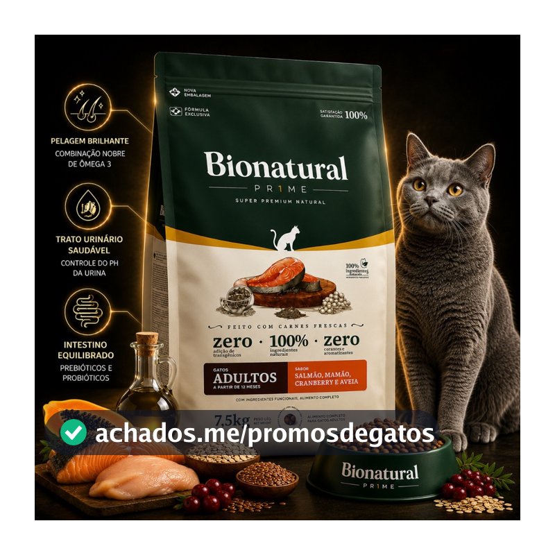 Ração SuperPremium Bionatural Prime para Gatos Adultos sabor Salmão 7.5KG