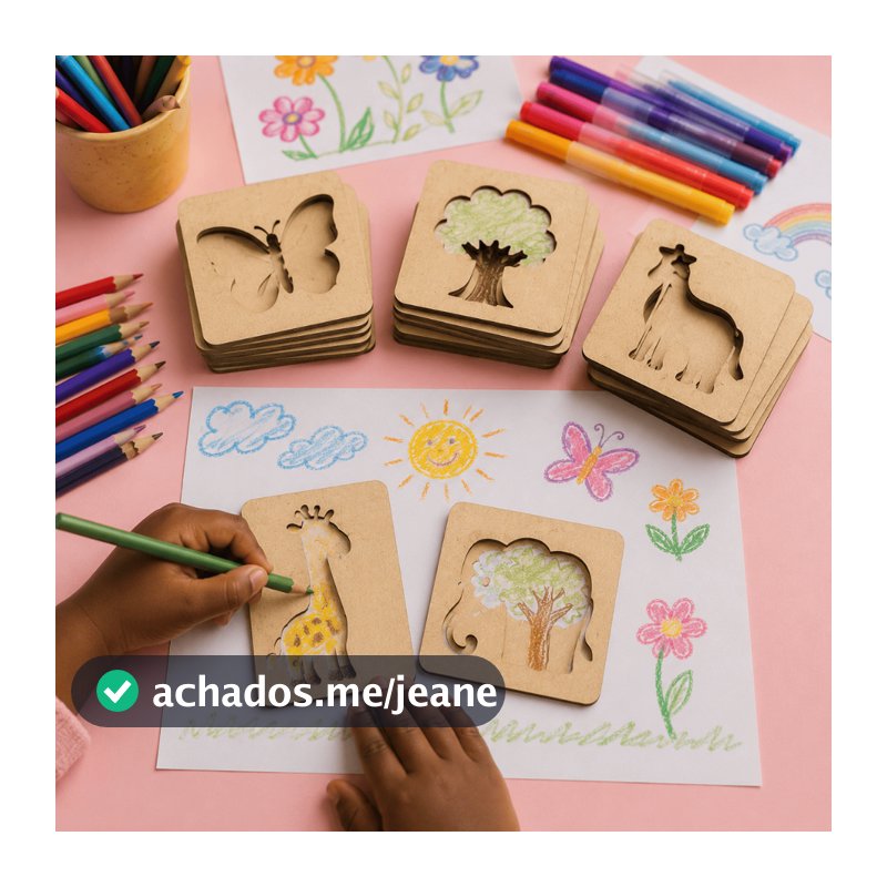Kit 20 Moldes Vazados MDF Animais Natureza Objetos Infantil Para Pintura Desenho 7,5cm