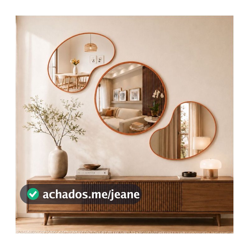 Kit 3 Espelhos Decorativos Orgânicos / Redondo Grande Moldura Couro Reforçado + Suporte Sala Hall