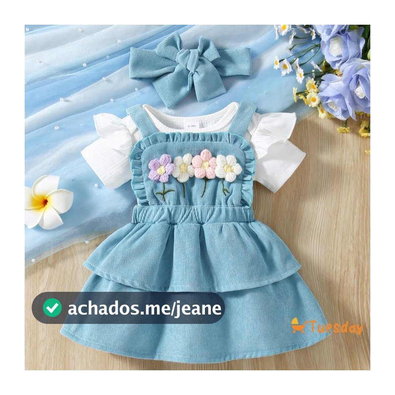 Roupa De Verão Para Bebês Meninas – Macacão De Manga Curta + Saia Suspensa De Flores De Crochê + Faixa De Cabeça Conjunt