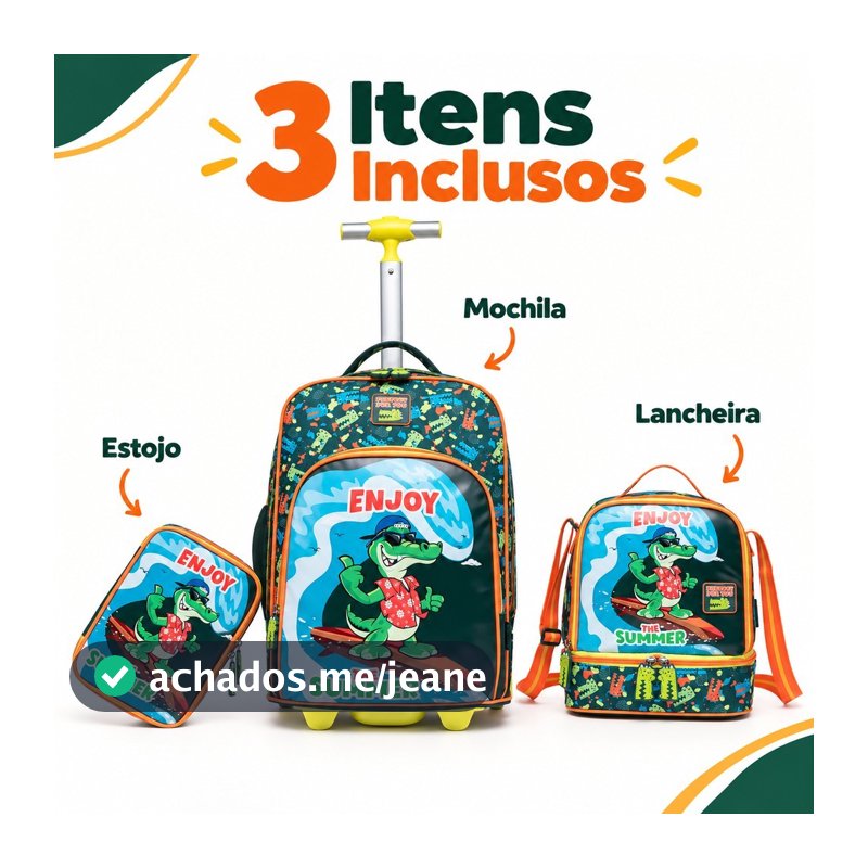Kit Escolar 3 em 1 Menino Mochila de Rodinhas Crocodilo + Lancheira e Estojo