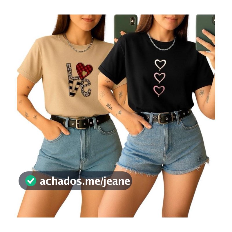 Kit 2  Camiseta  Básica Feminina Love Coração 100% Algodão Envio Imediato
