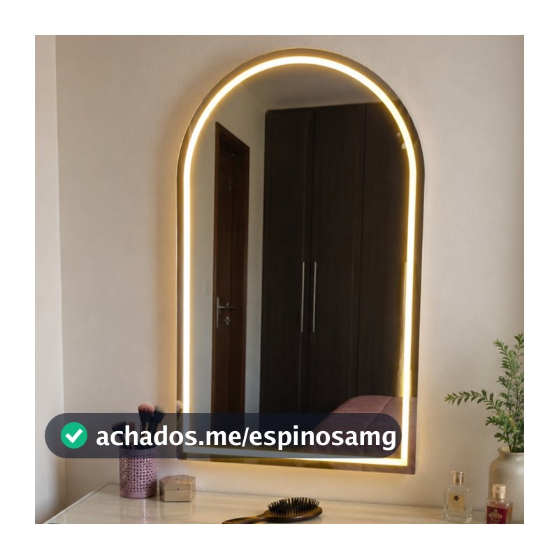Espelho Jateado Arco Base Reta 100x80cm Arco Janela Lapidado com 3 cores Led Salão Maquiagem