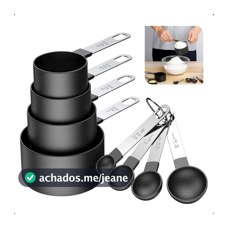 Conjunto Colher Xicaras Medidoras Com 8 Peças Inox Prático Colher Medidora Cozinha Alimentos