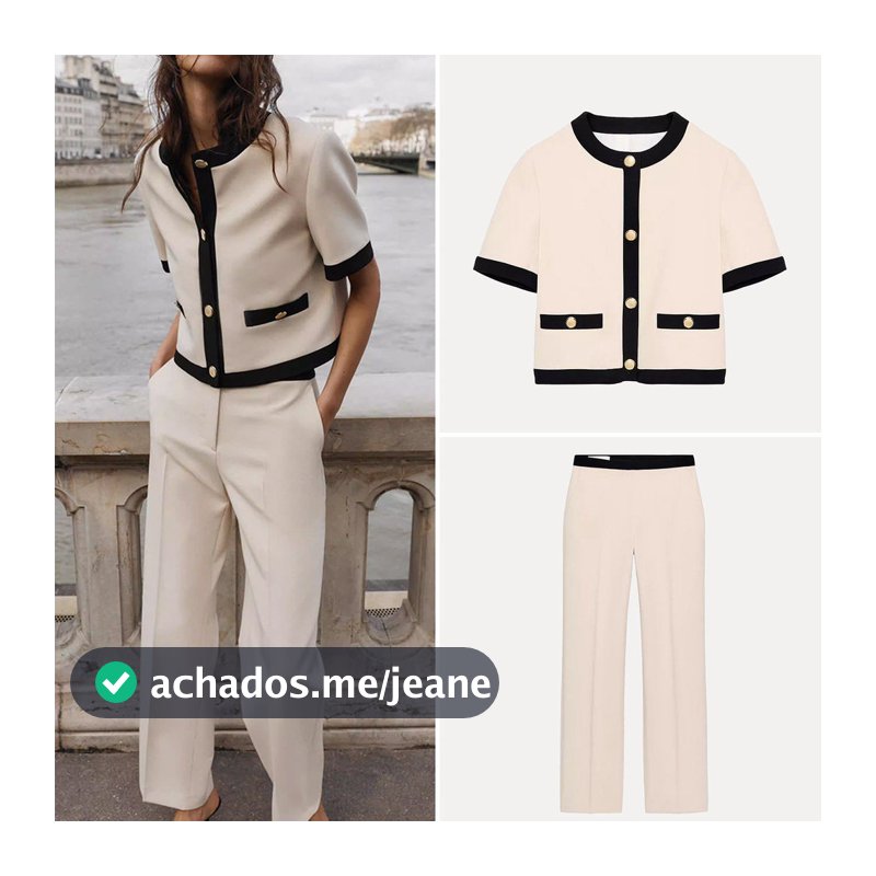 ZA Blazer de manga curta cor contrastante primavera + calça reta8317696 8316696