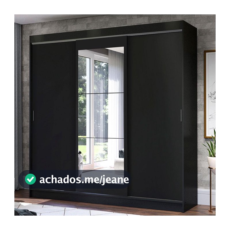 Guarda-Roupa Casal Madesa Istambul 3 Portas de Correr com Espelho 3 Gavetas - Preto