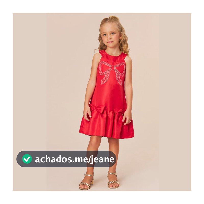 VESTIDO  CETIM C/ LAÇO BORDADO VERMELHO  - BAMBOLLINA