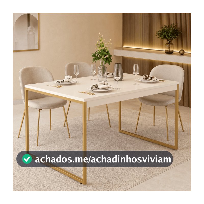 Mesa De Jantar Mérito 105x75cm Mdp Industrial Pés Dourado Off White Dourado