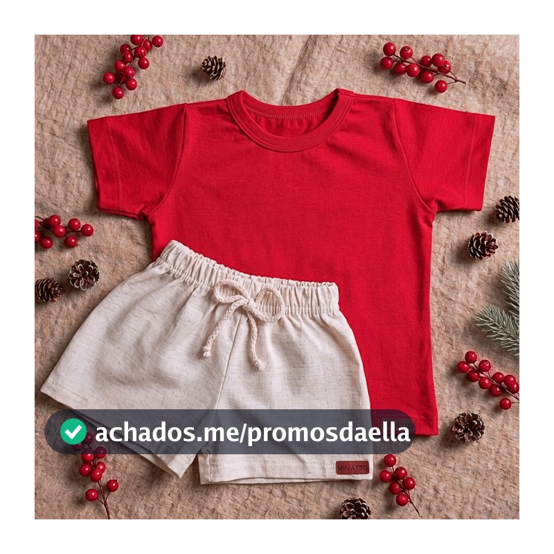 Conjunto Bebê Menino Natal Camiseta Vermelha de Algodão e Short de Linho