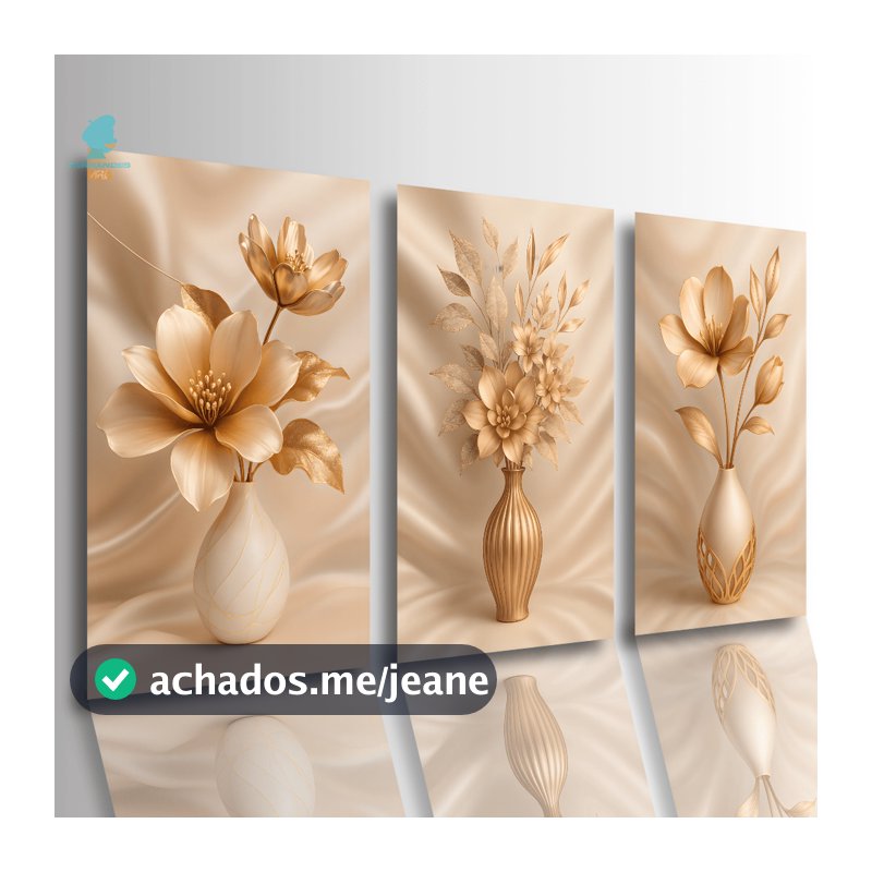 Quadros Decorativos Trio Vasos Floral 3D Dourado Rosé Moderno Luxo Sala Quarto