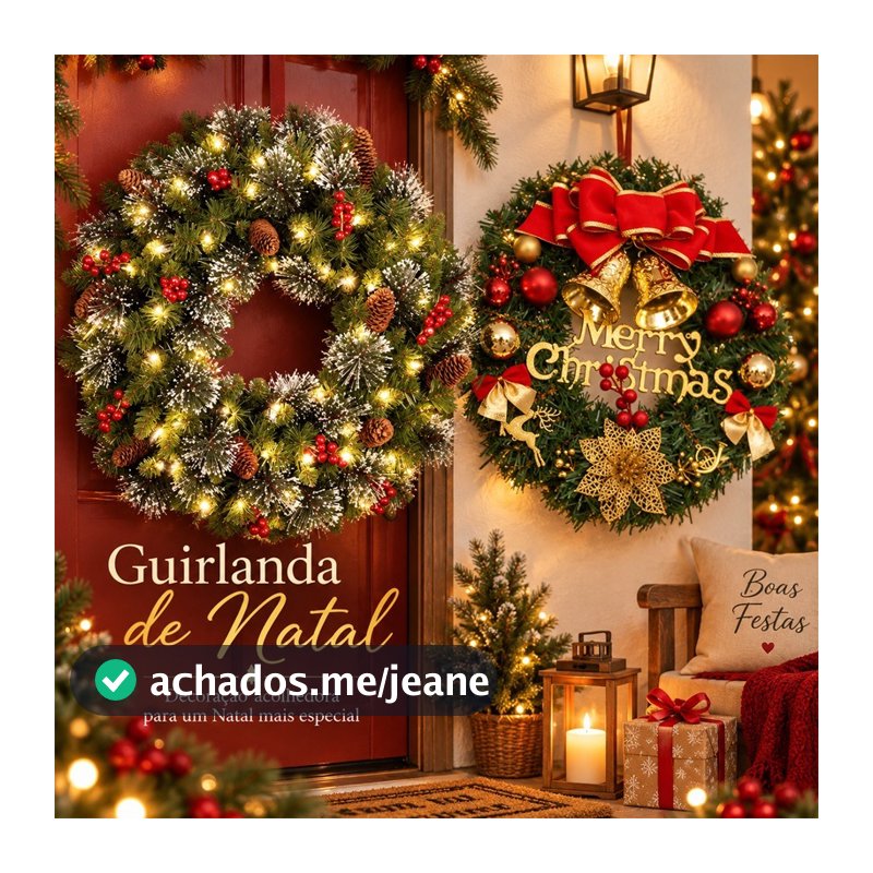 Guirlanda de Natal Grande Luxo com LED Pinhas e Bagas Vermelhas Artificial para Porta Decoração Natalina