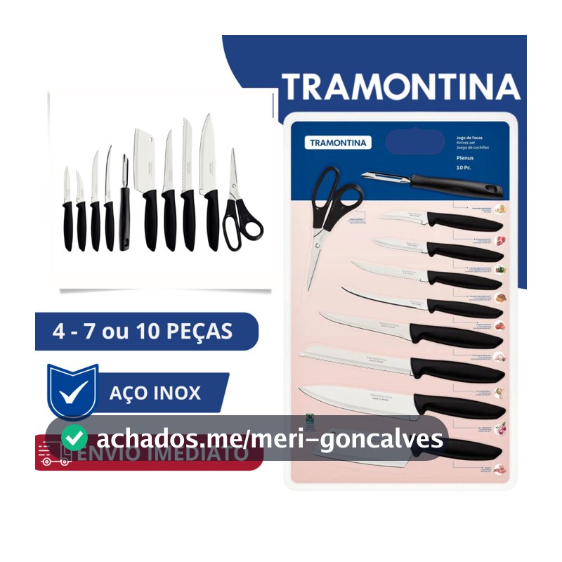 Jogo De Facas Inox Tramontina 4 7 10 Peças 5 Peças Com Cepo de Madeira Plenus Preto