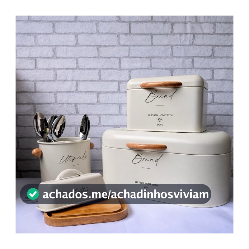 Porta Pão / Manteigueira e porta talheres em metal com Bambu Branco Vintage